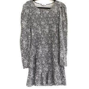 Parker Small Black White Abstract Smocking Cotton Blend Long Sleeve Mini Dress